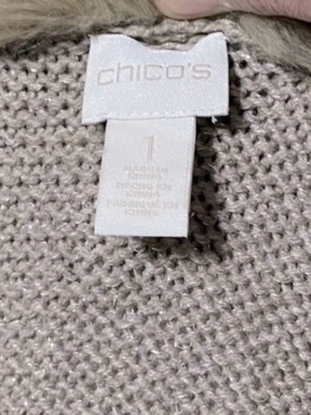 Chico’s Size 1 Faux Fur Trim Sweater Vest Taupe Open Front Knit Cardigan